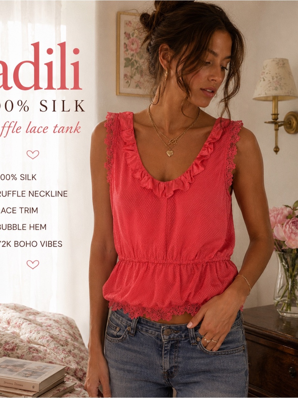 Adili 100% Silk Coral Pink Ruffle Lace Tank Top Coquette Y2K Blouse Cottagecore